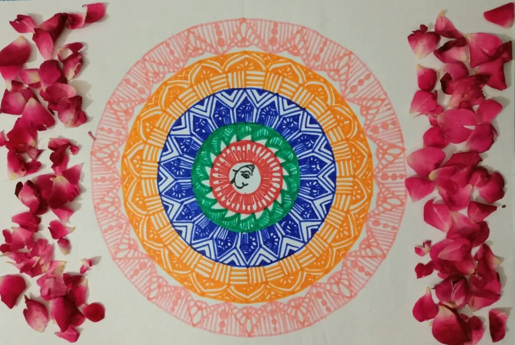 Intricately designed mandala with colorful flowers, great for promoting inner peace and tranquility.